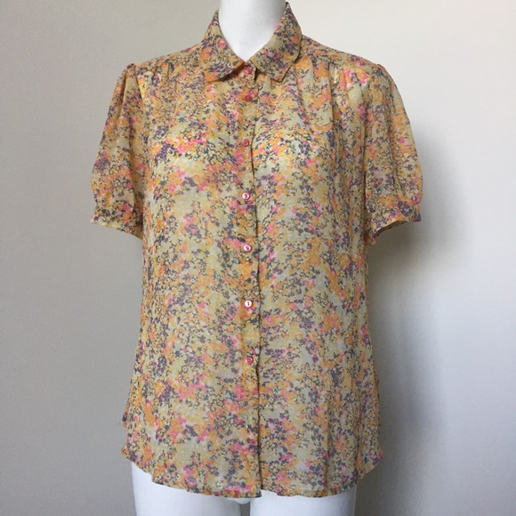 Urban Outfitters Tops - Urban Outfitters Sheer Yellow Floral Button Down L